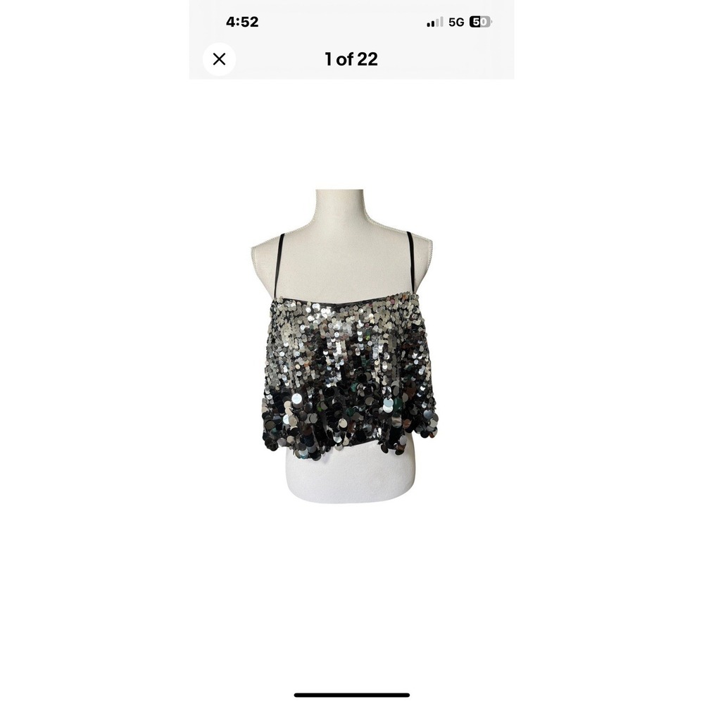 LuLus Sparkle Era Silver Sequin Cropped Top Spaghetti Strap Party Club Size L